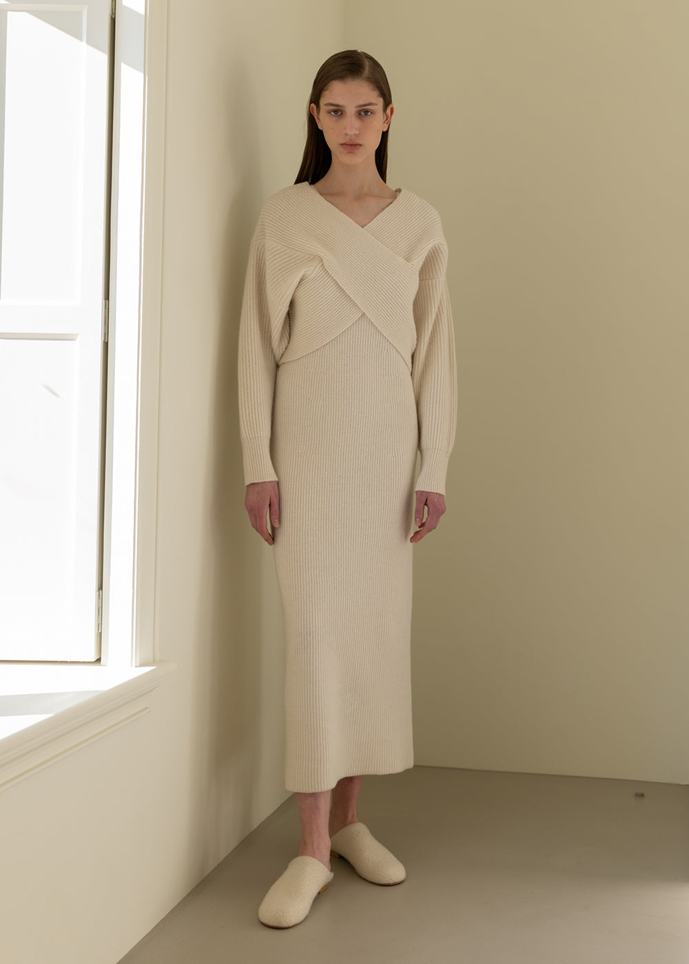 lvir knit dress V-NECK CASHMERE BLEND DRESS_IVORY – commercial