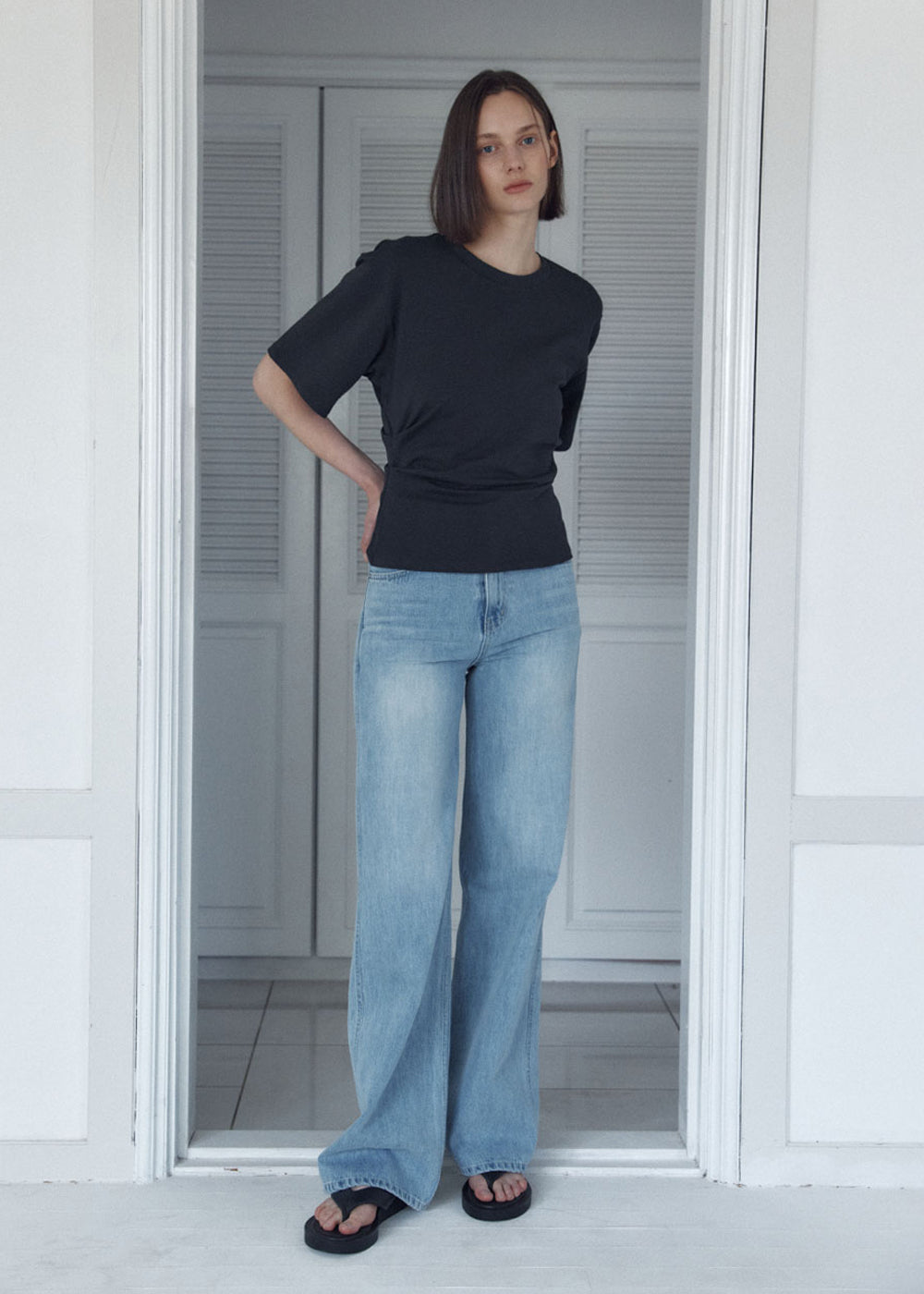 SIDE TUCKED JERSEY TOP_ASH BLACK