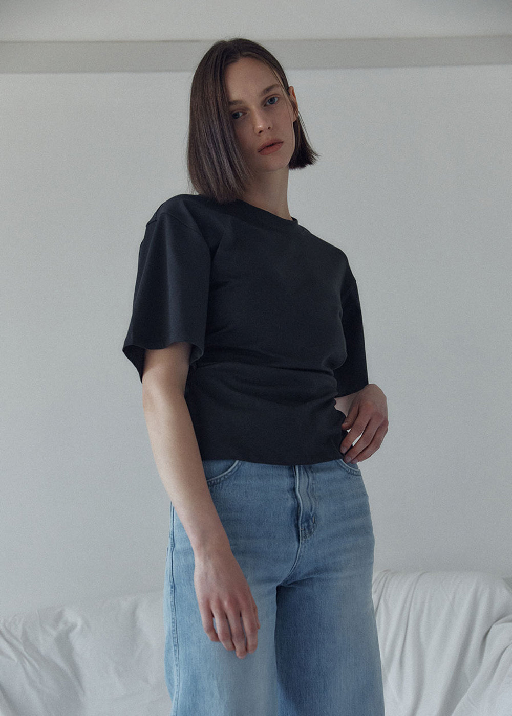SIDE TUCKED JERSEY TOP_ASH BLACK