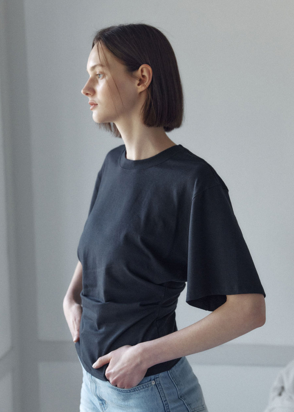 SIDE TUCKED JERSEY TOP_ASH BLACK