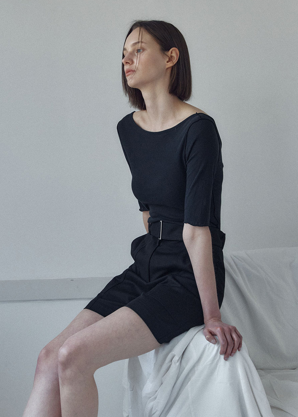 SOFT-COTTON BELTED HALF PANTS_BLACK