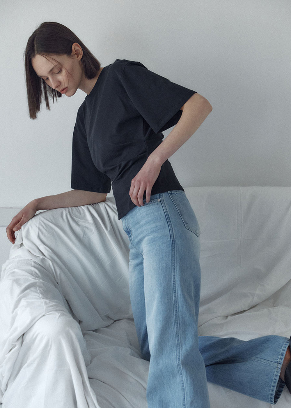 SIDE TUCKED JERSEY TOP_ASH BLACK